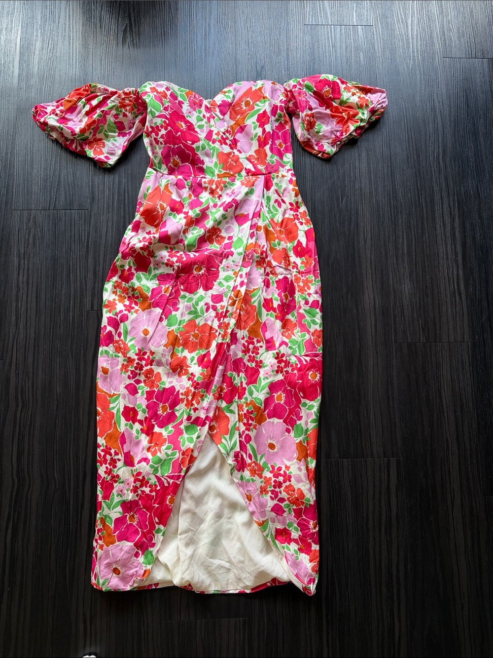 Astr The Label Pink Red Floral Puff-Sleeve Midi Dress- see last photo, dress on